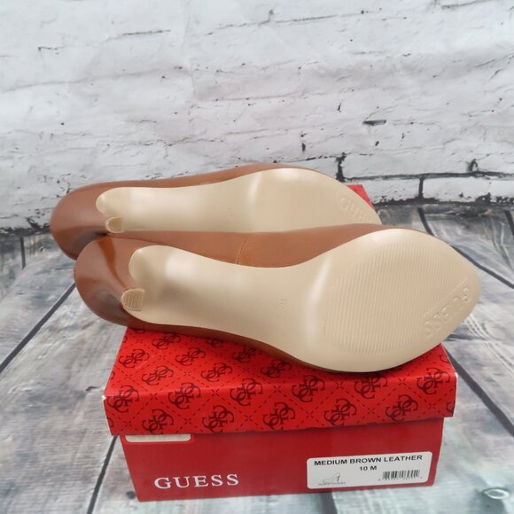 GUESS MEDIUM BROWN LEATHER OPEN TOE PLATFORM 5" PUMP SIZE 10 NEW WITH BOX - Picture 6 of 9